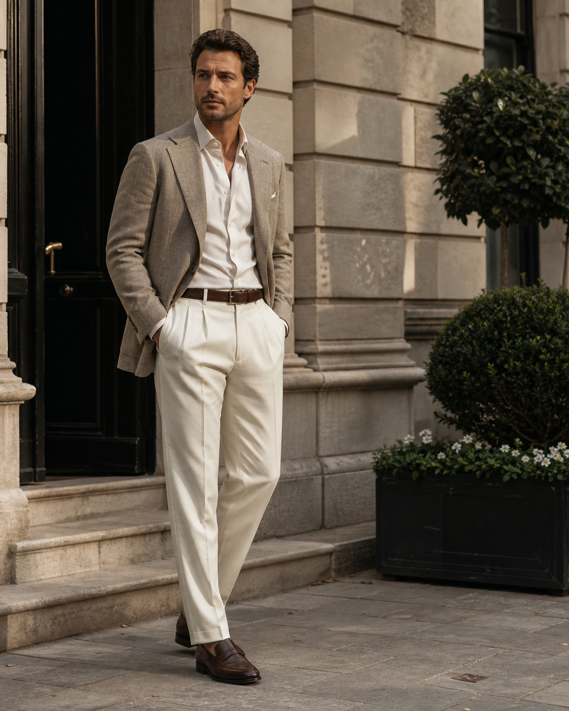 A man wearing a tailored taupe blazer and cream trousers